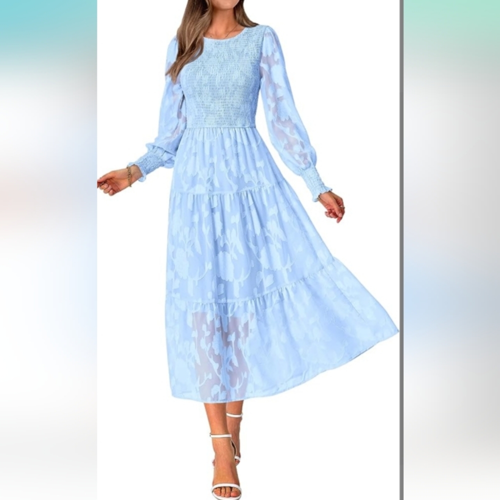 Blue long sleeve floral midi dress sz M